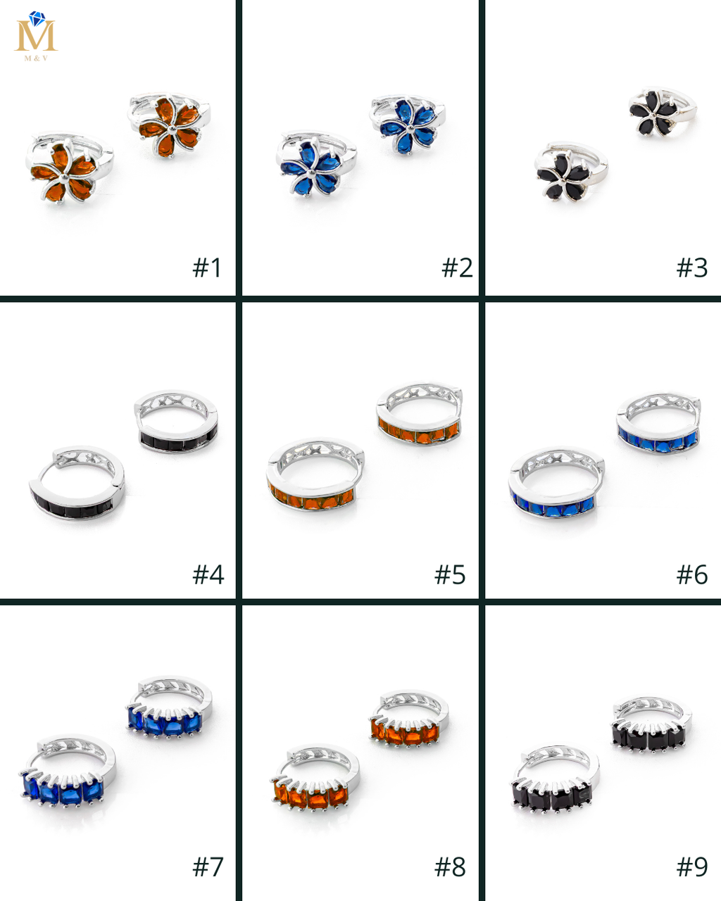 Aretes Plateados Huggies con Piedras Diferentes Colores M10 Oro Laminado