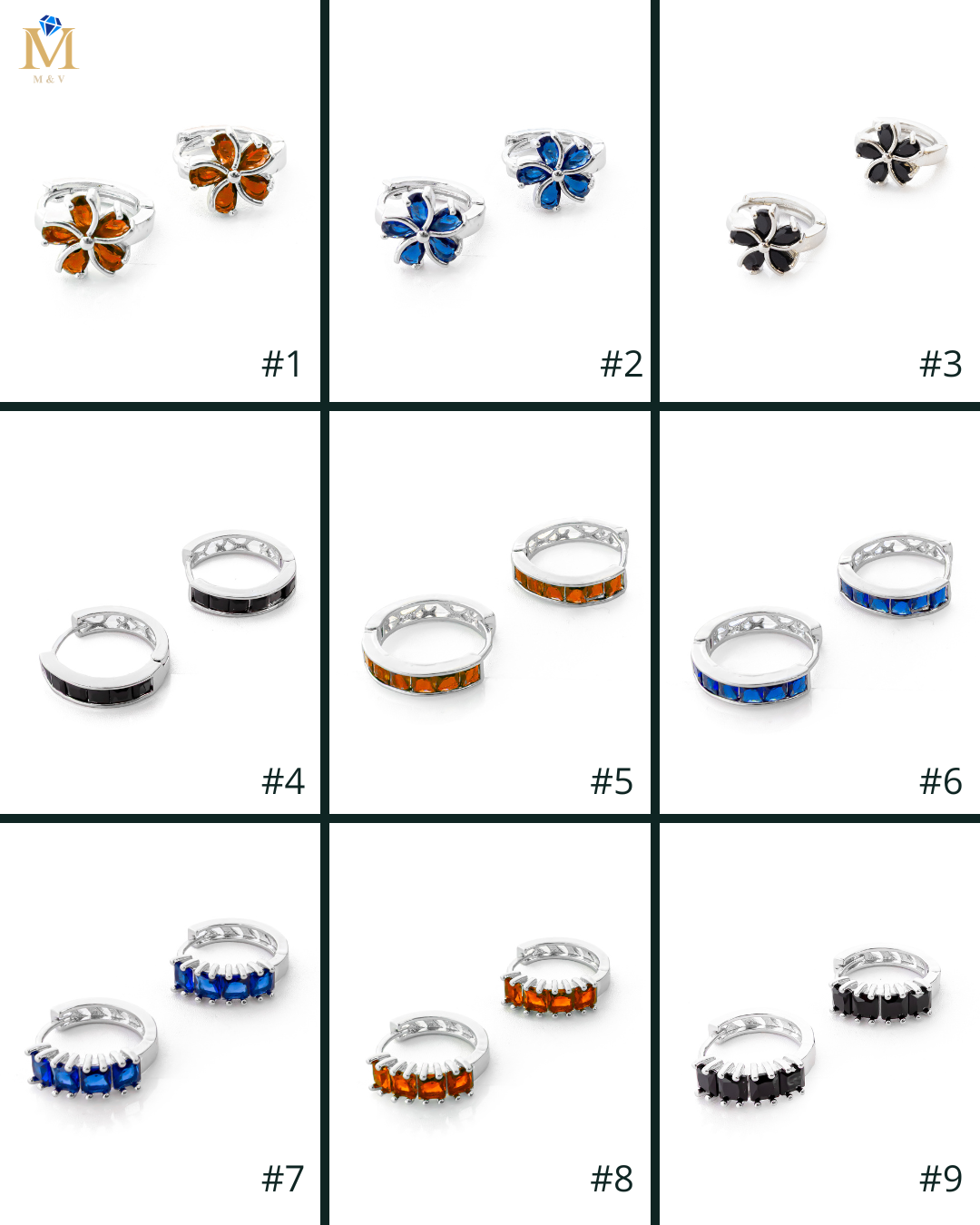 Aretes Plateados Huggies con Piedras Diferentes Colores M10 Oro Laminado