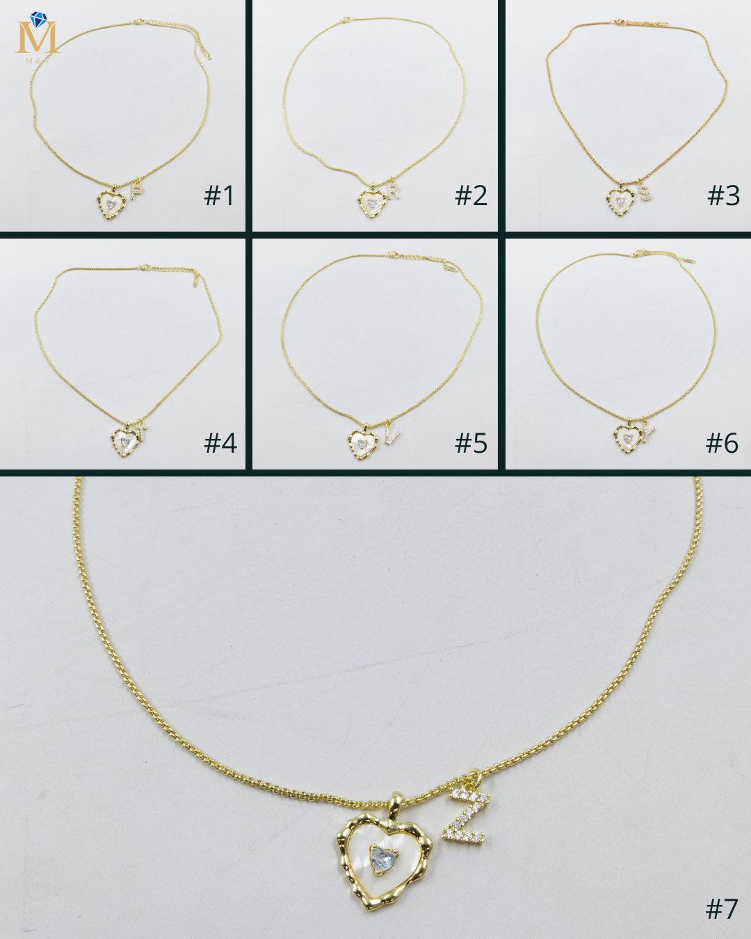 Collares Dorados con dije de Letra y corazon M3 Oro Laminado