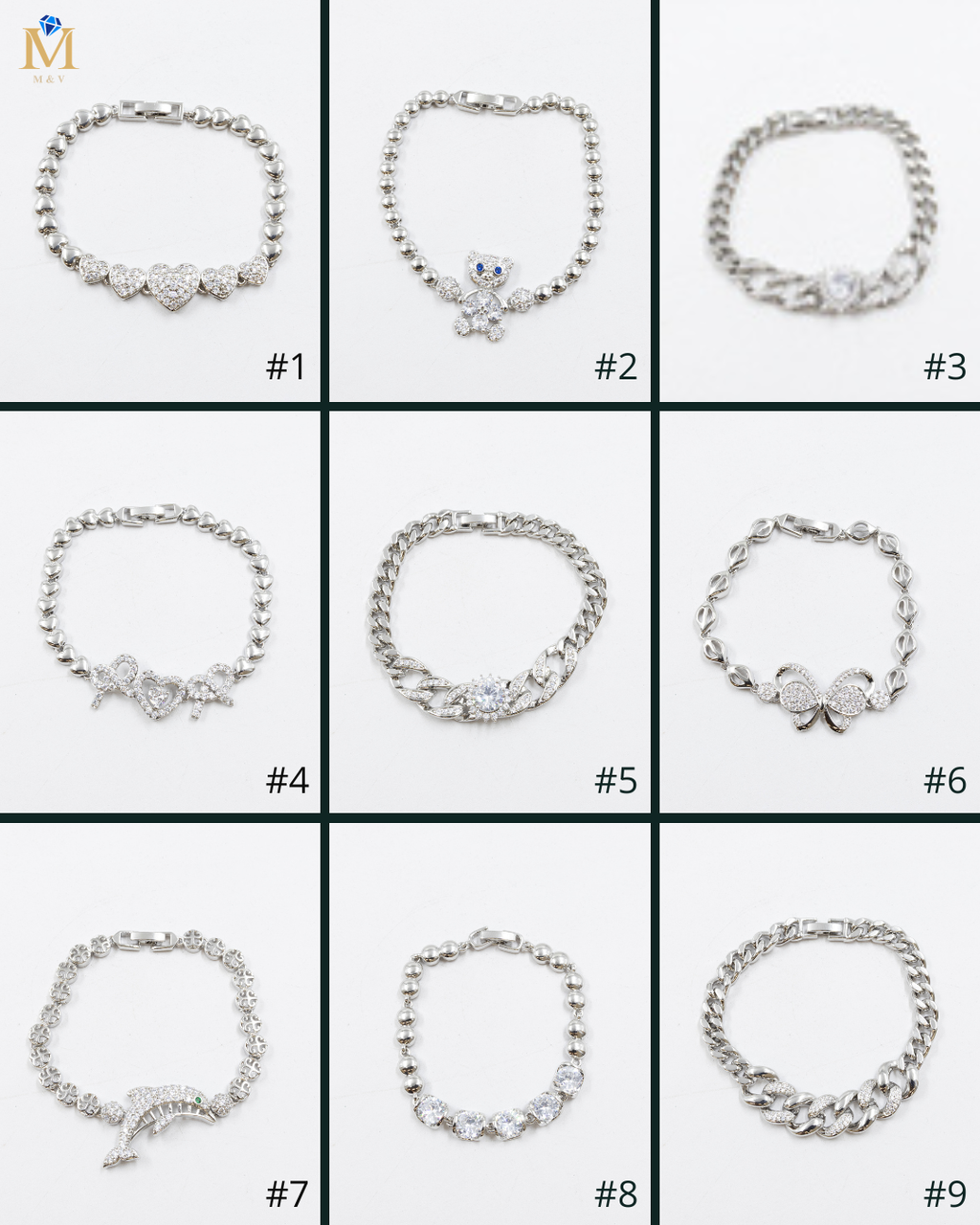 Cadenas de Pulseras Plateadas con Piedras M8 Oro Laminado