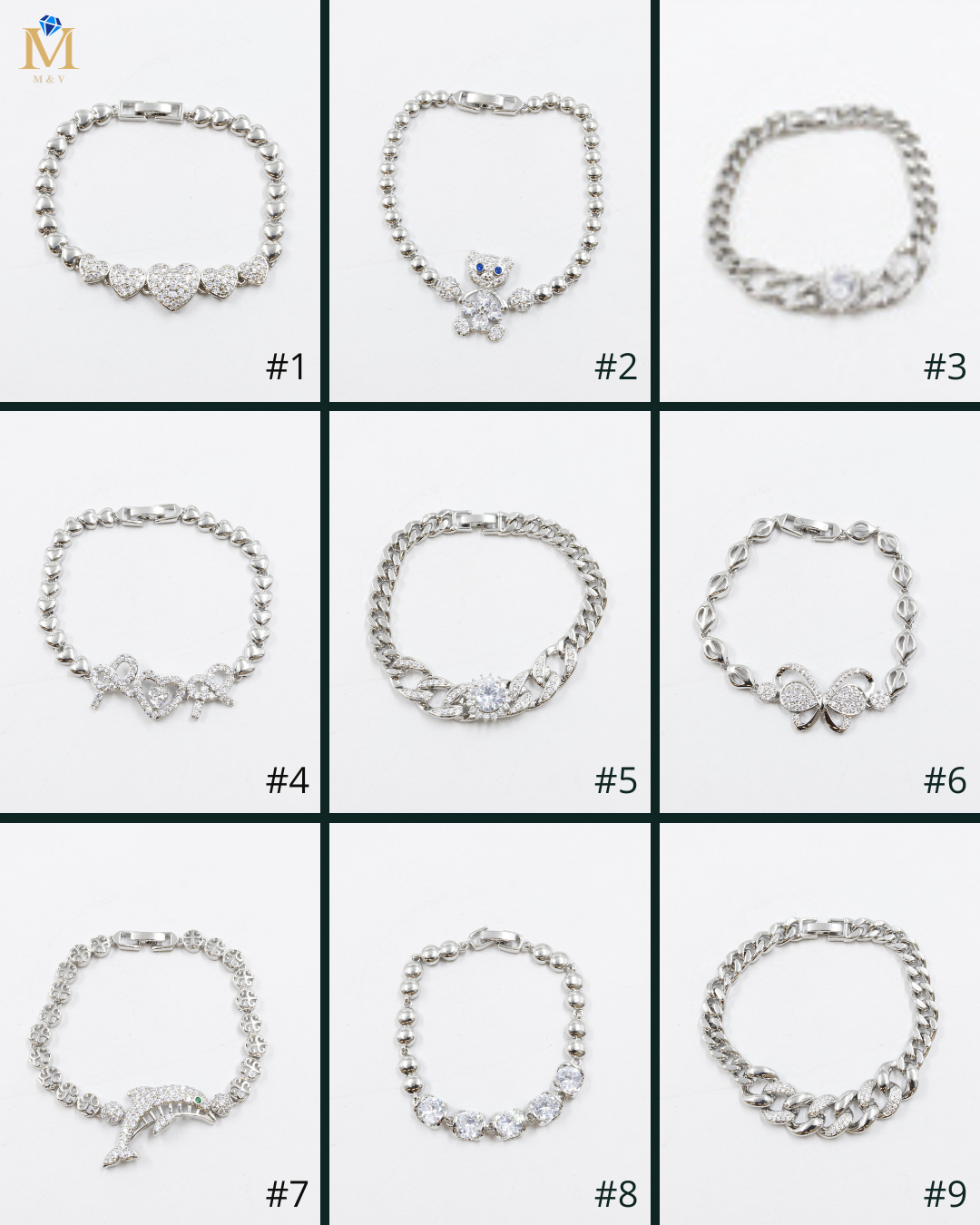 Cadenas de Pulseras Plateadas con Piedras M8 Oro Laminado