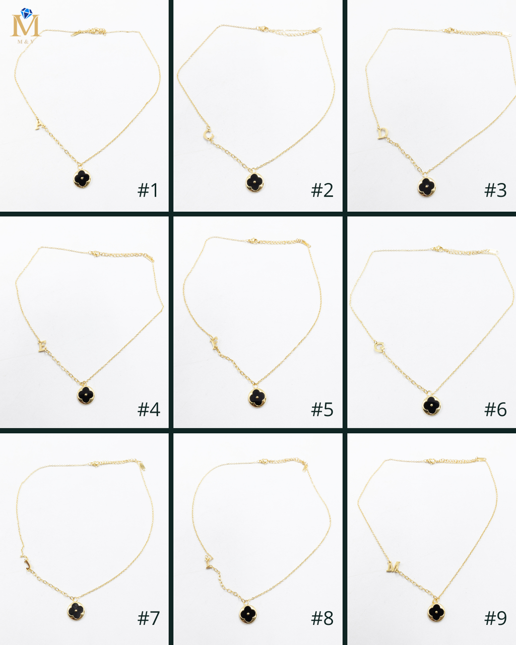 Collares Dorados con dijes de letra A,C,D,E,F,G,J,I,M y dije de Trebol Negro M7 Oro Laminado