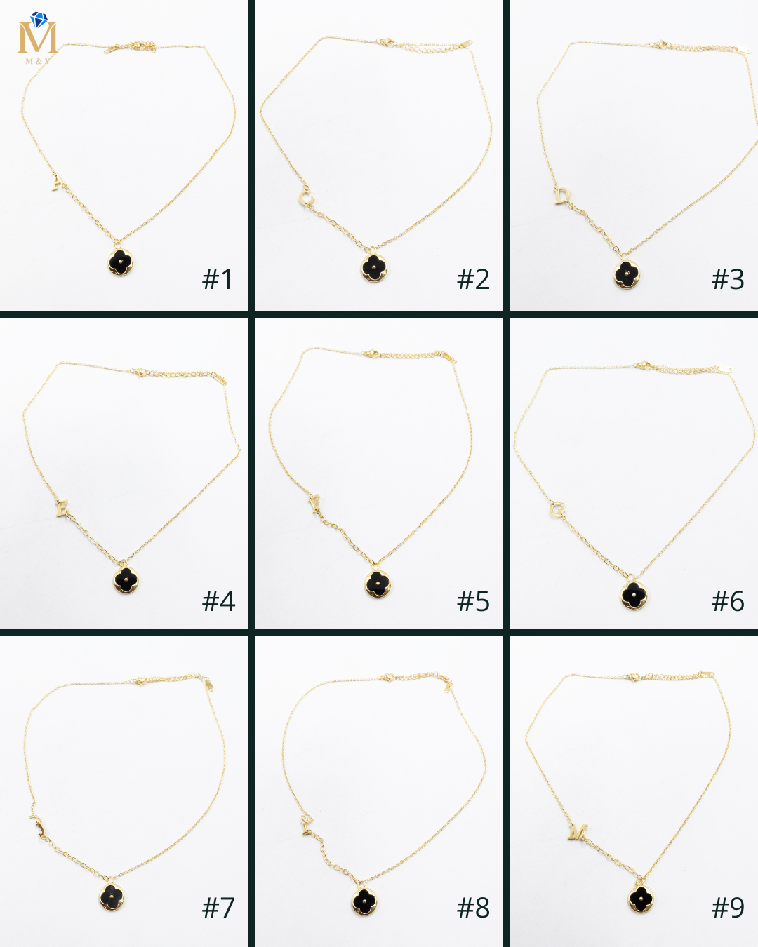 Collares Dorados con dijes de letra A,C,D,E,F,G,J,I,M y dije de Trebol Negro M7 Oro Laminado