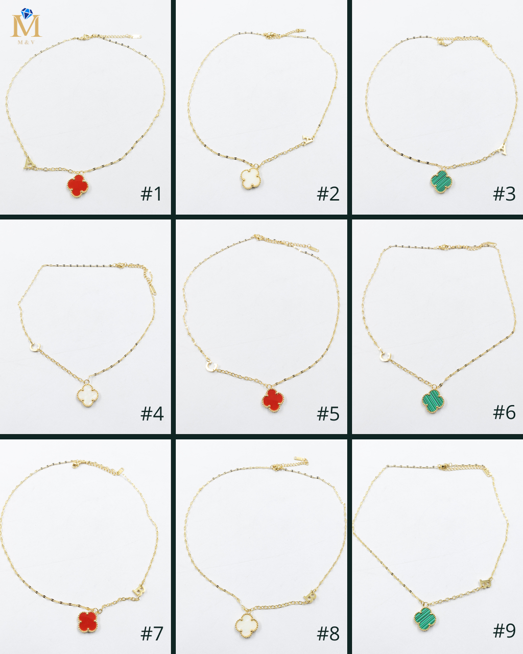 Collares Dorados con dijes de letra A, B, C y de Trebol M1 Oro Laminado