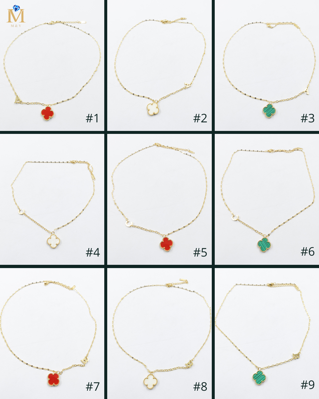 Collares Dorados con dijes de letra A, B, C y de Trebol M1 Oro Laminado