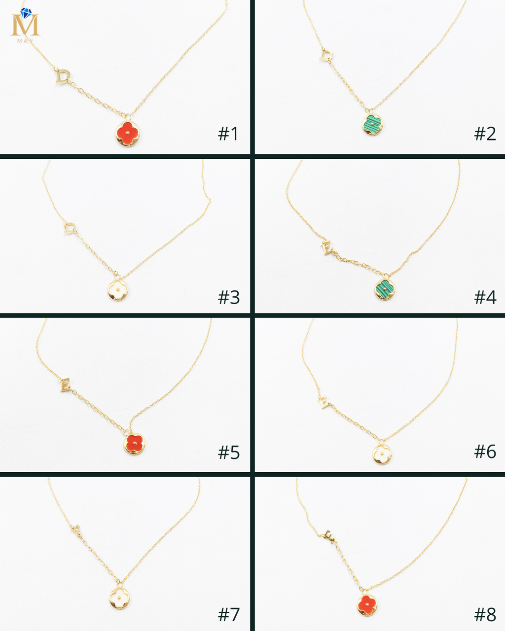 Collares Dorados con dijes de letra D,E,F y dije de Trebol M2 Oro Laminado
