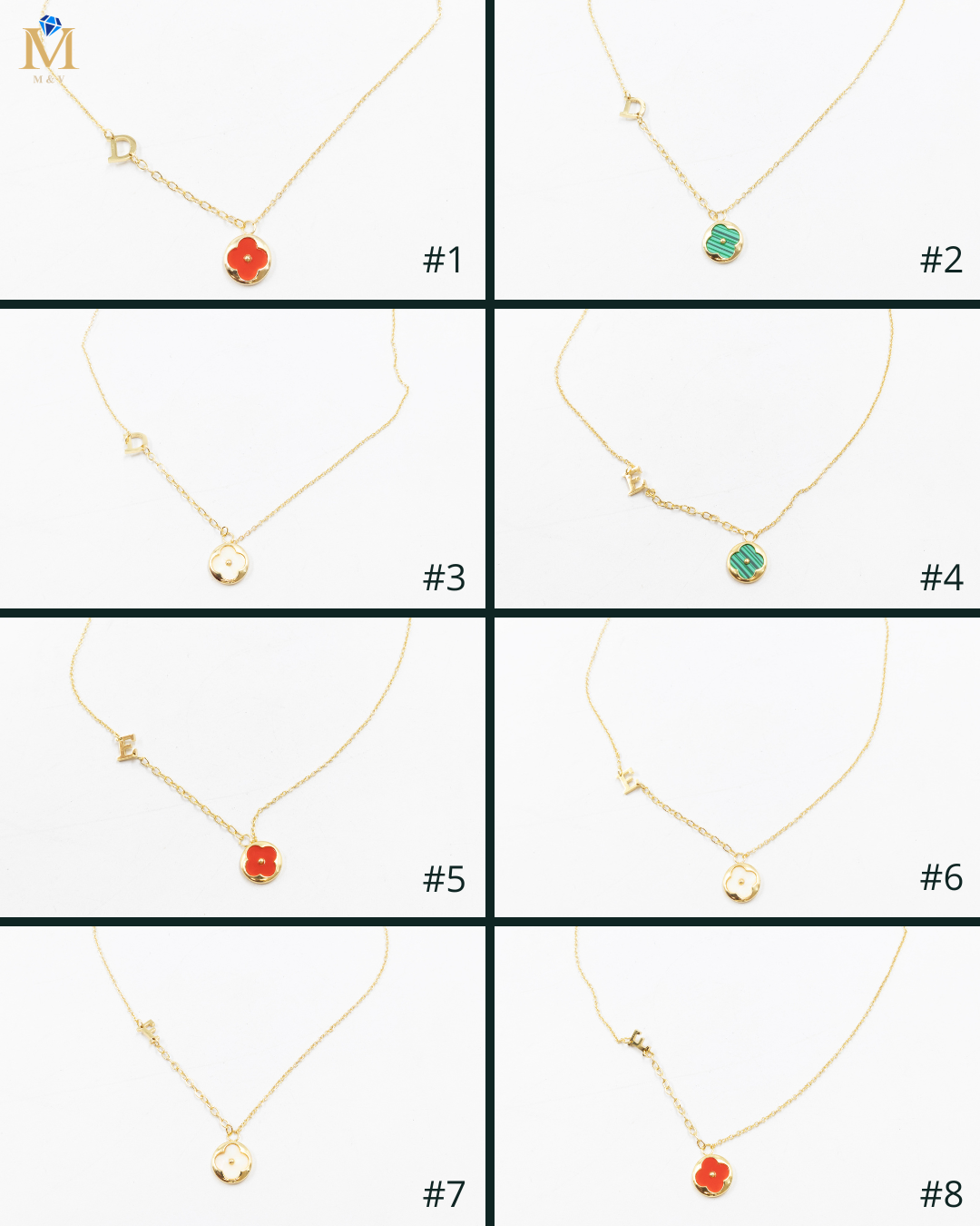 Collares Dorados con dijes de letra D,E,F y dije de Trebol M2 Oro Laminado