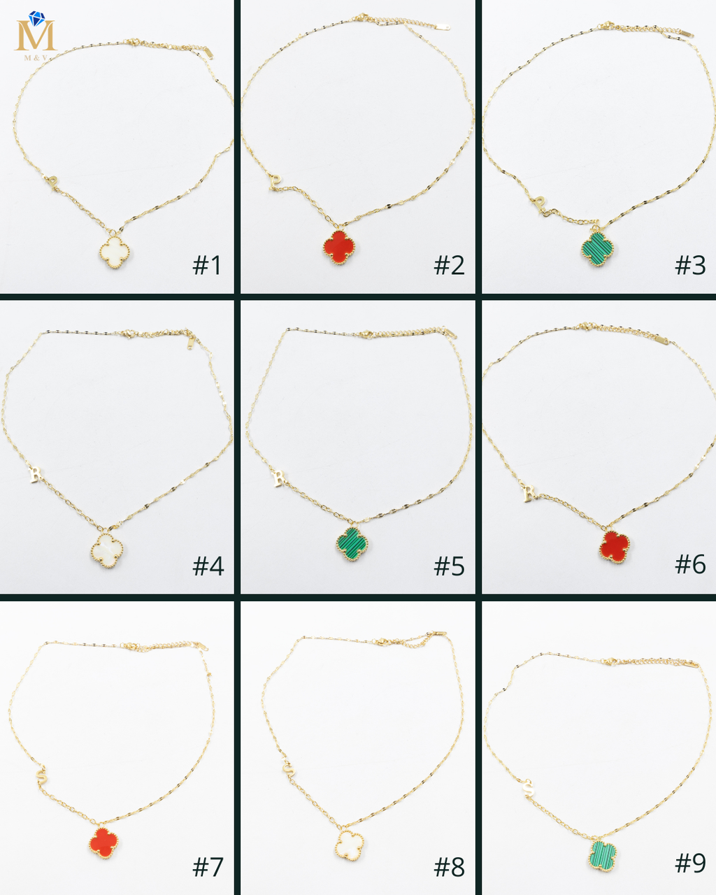 Collares Dorados con dijes de letra P, R, S y dije de Trebol M5 Oro Laminado