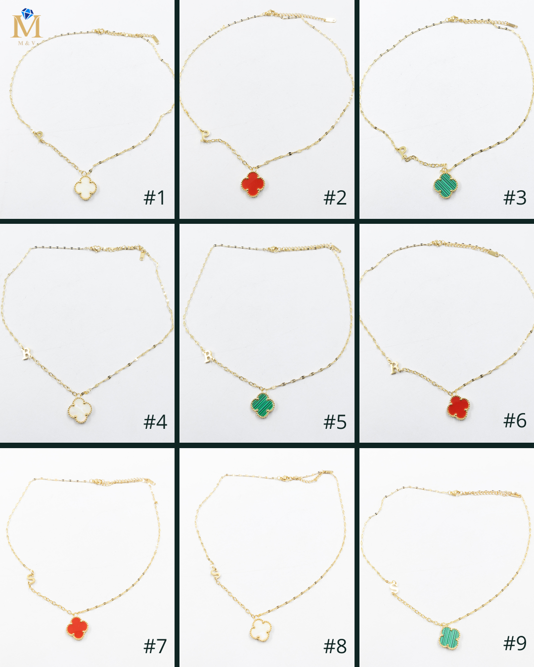Collares Dorados con dijes de letra P, R, S y dije de Trebol M5 Oro Laminado
