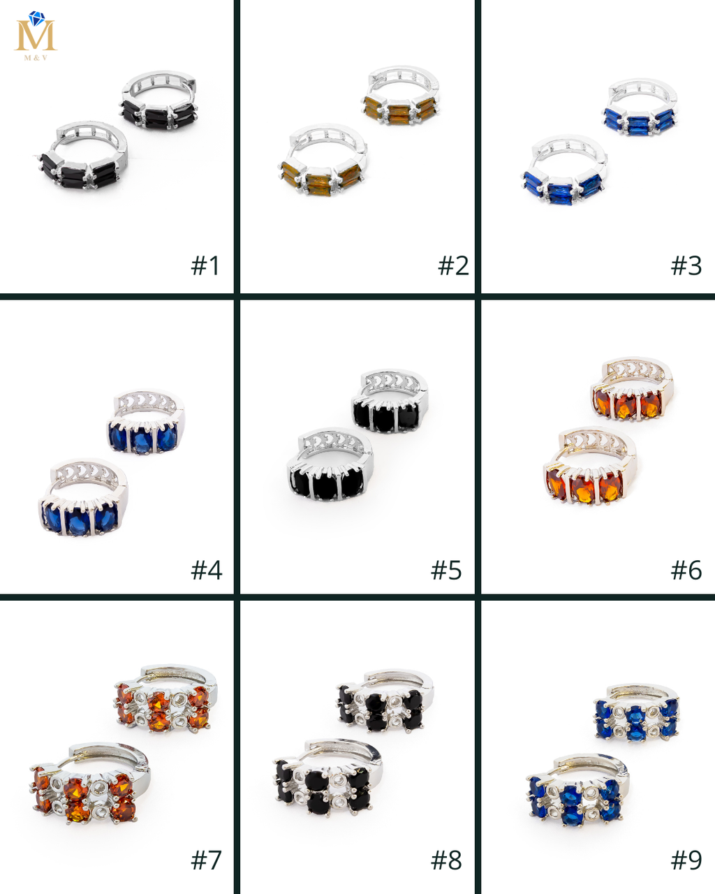 Aretes Plateados Huggies con Piedras Diferentes Colores M14 Oro Laminado