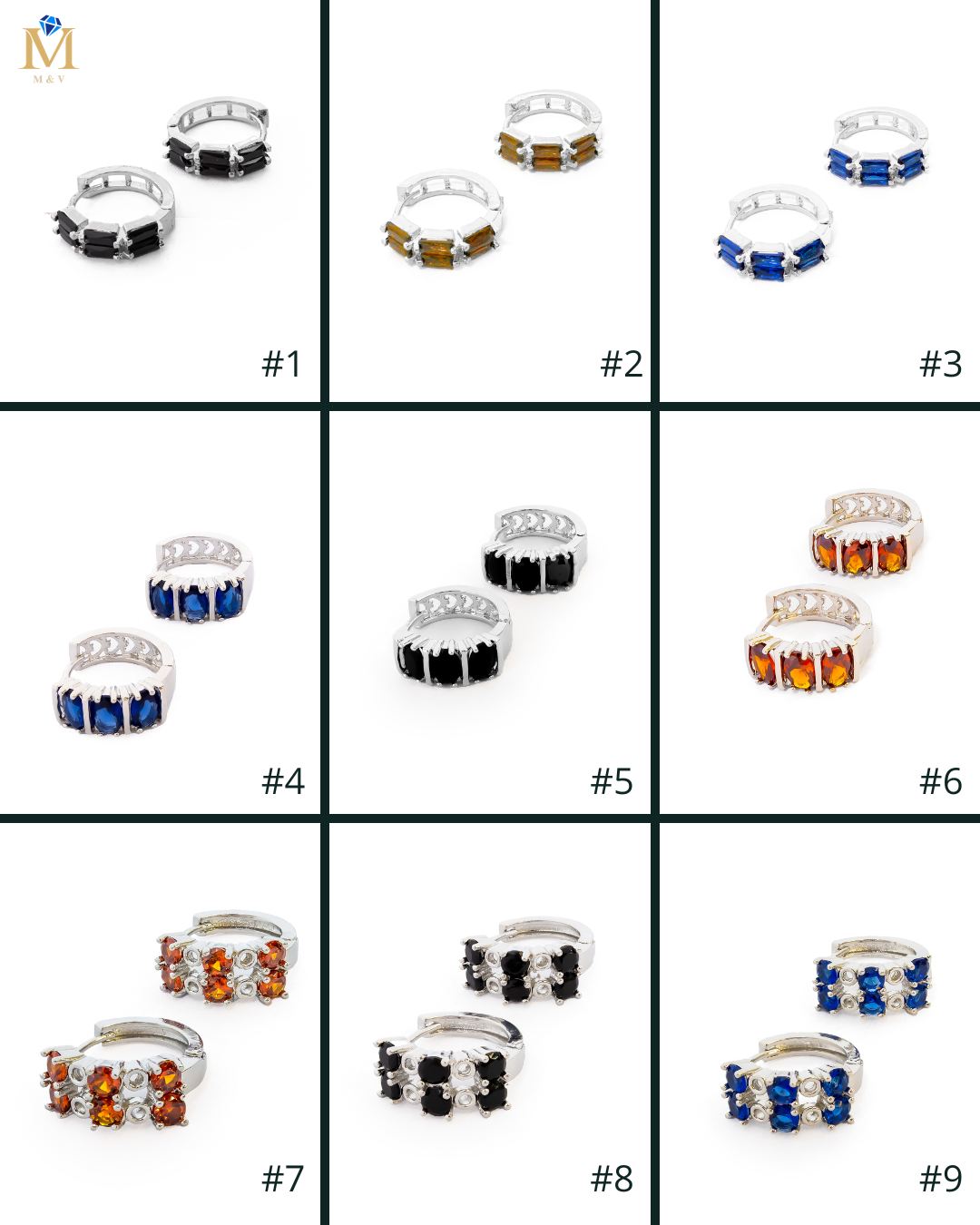 Aretes Plateados Huggies con Piedras Diferentes Colores M14 Oro Laminado