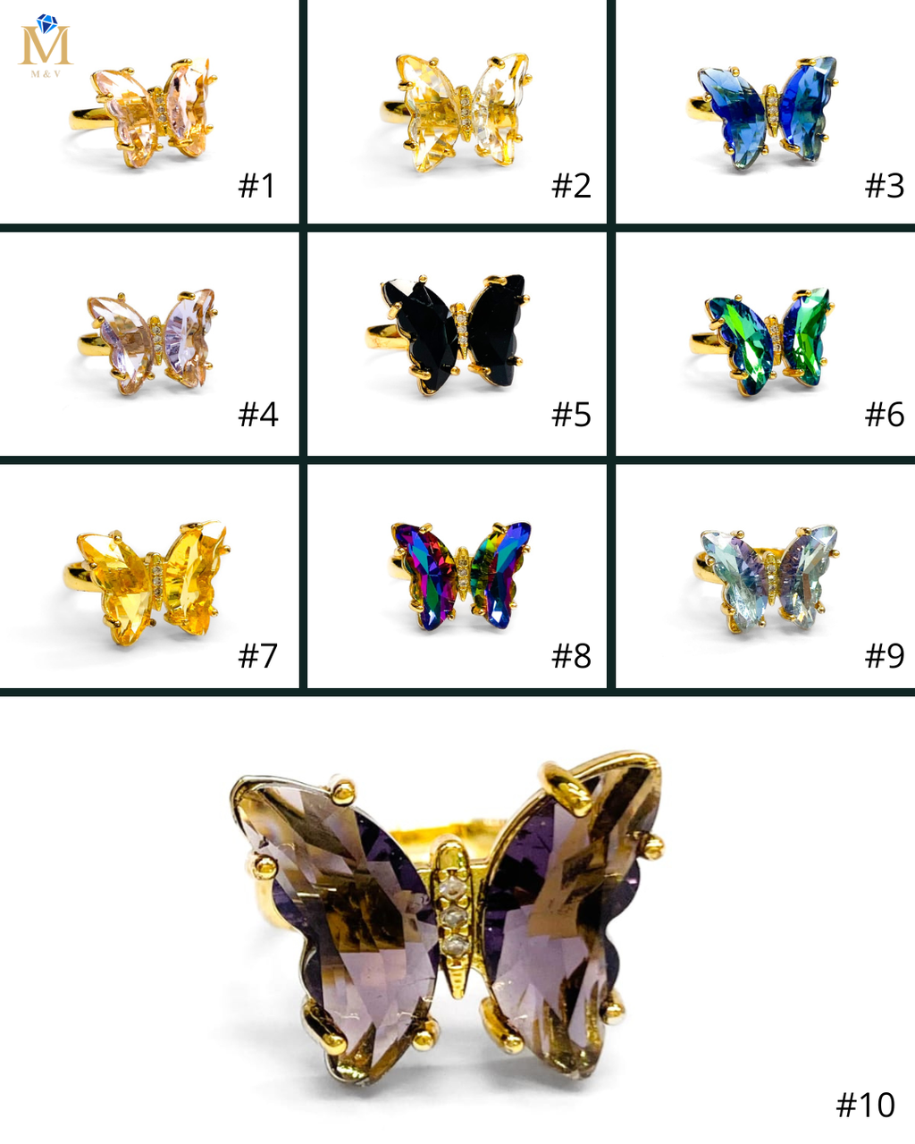 Anillo Mariposa Colores Ajustable M2 Oro Laminado