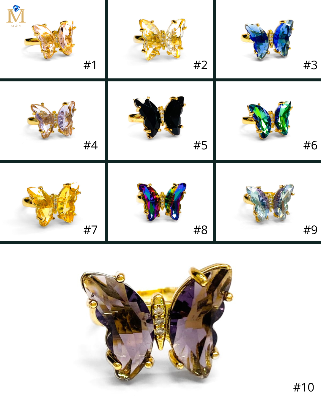 Anillo Mariposa Colores Ajustable M2 Oro Laminado