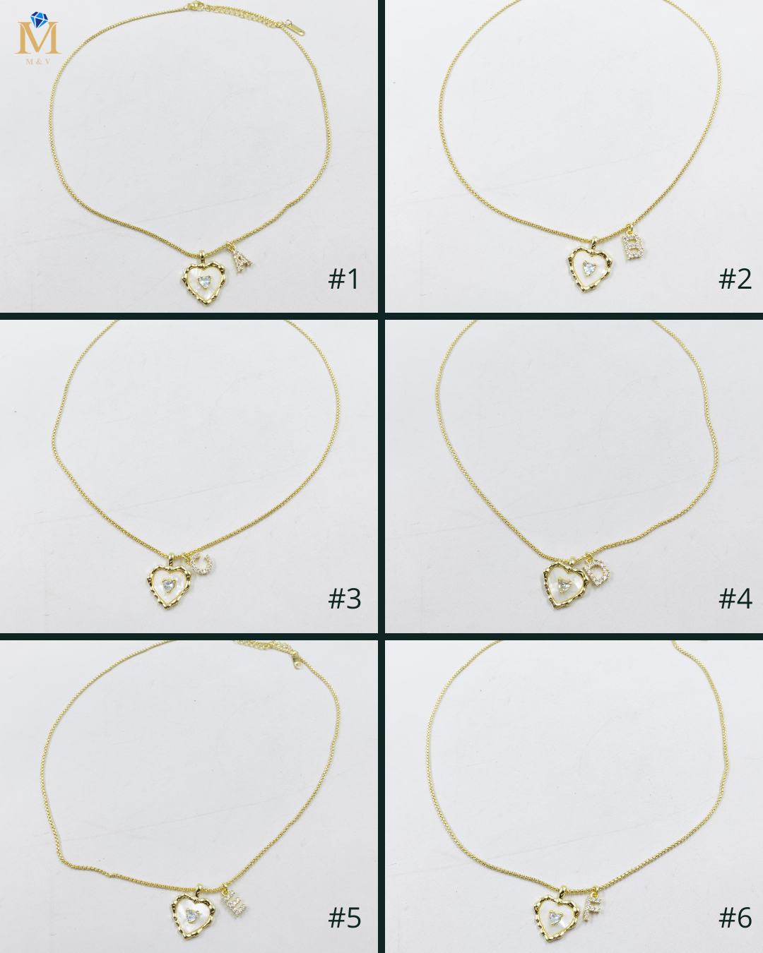 Collares Dorados con dije de Letra y corazon M1 Oro Laminado
