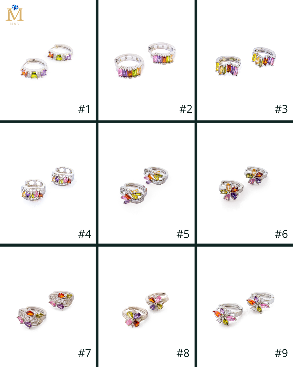Aretes Plateados Huggies con Piedras Multicolor M8 Oro Laminado
