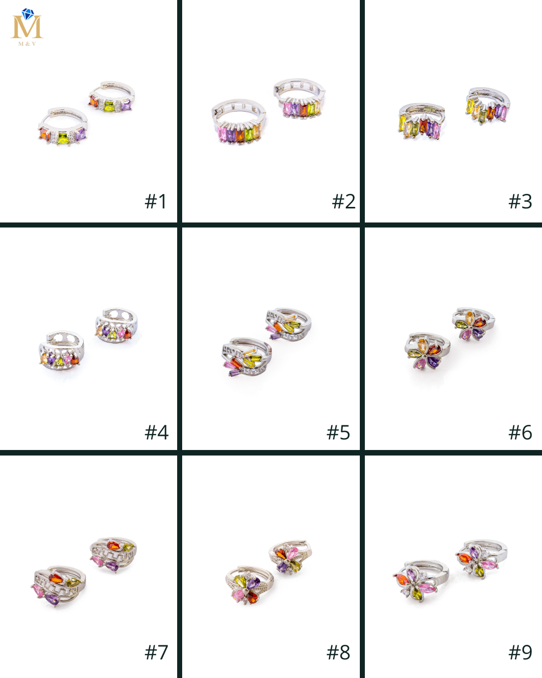 Aretes Plateados Huggies con Piedras Multicolor M8 Oro Laminado