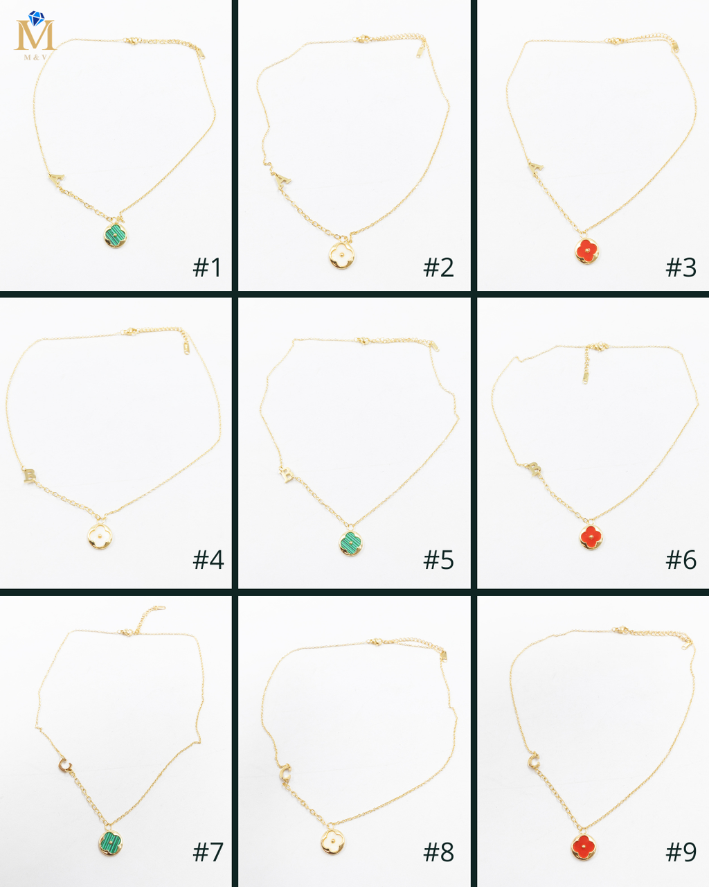 Collares Dorados con dijes de letra A,B,C y dije de Trebol M1 Oro Laminado