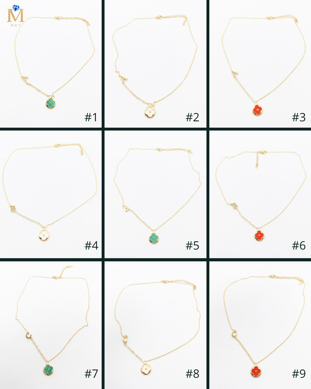 Collares Dorados con dijes de letra A,B,C y dije de Trebol M1 Oro Laminado