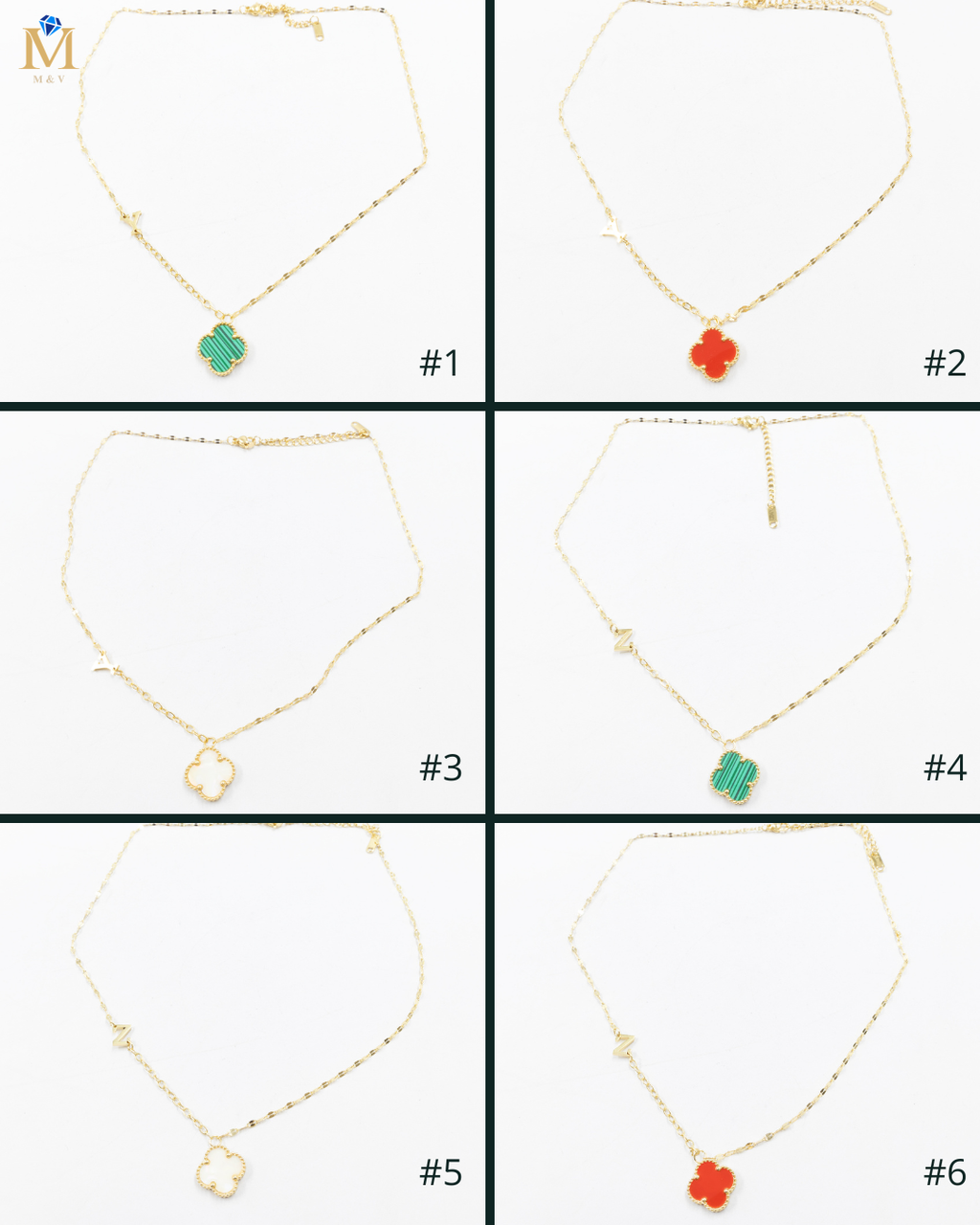 Collares Dorados con dijes de letra Y, Z y dije de Trebol M7 Oro Laminado