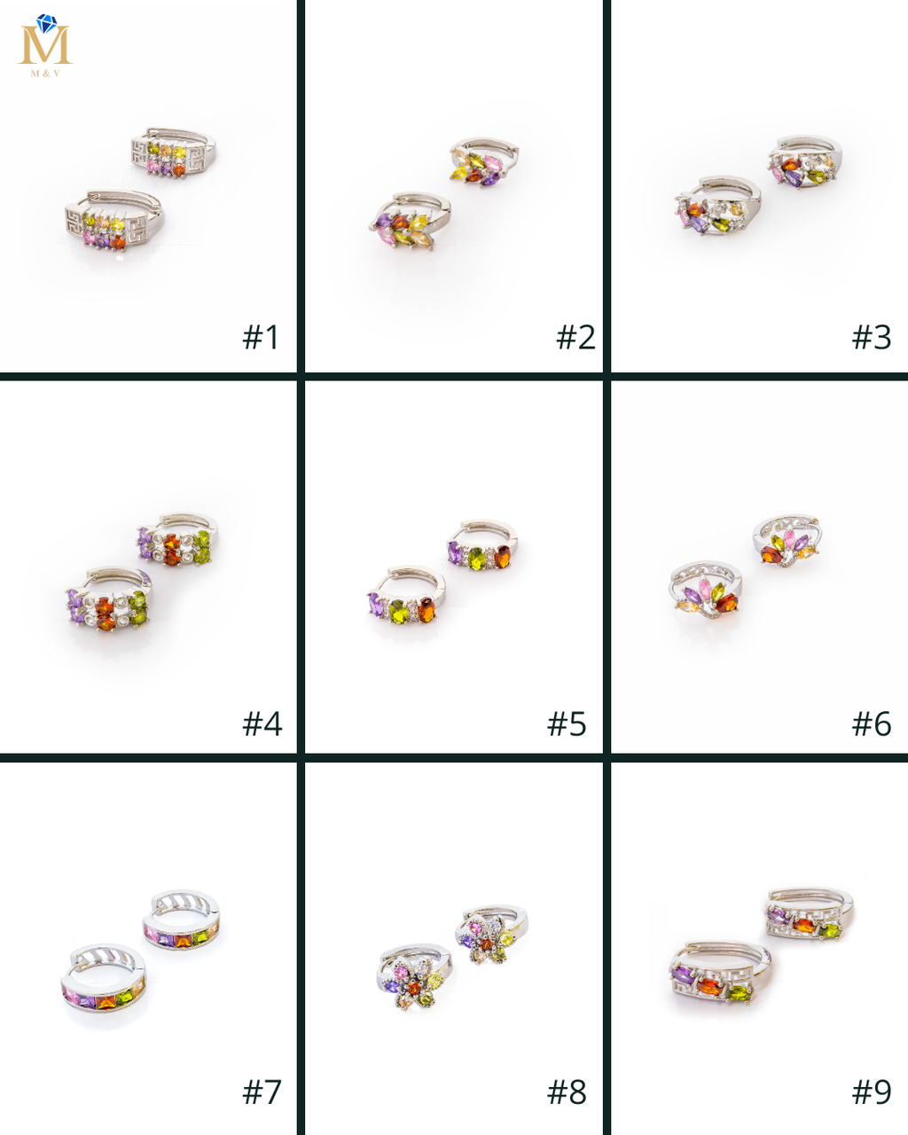 Aretes Plateados Huggies con Piedras De Color M6 Oro Laminado