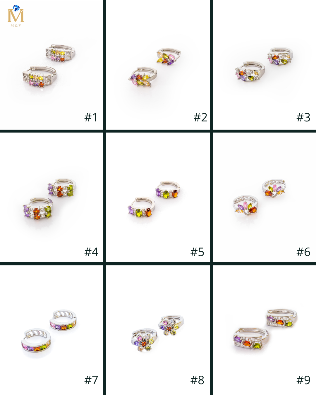 Aretes Plateados Huggies con Piedras De Color M6 Oro Laminado