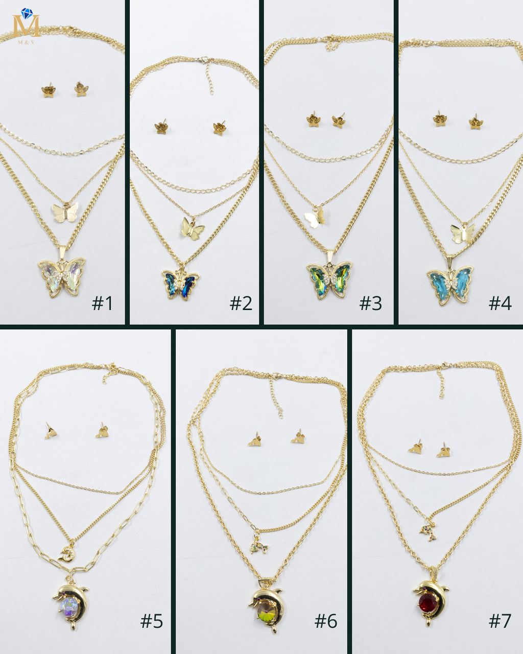 Conjuntos de la Caja 01 cadena triple y aretes de mariposa M2 Acero Inoxidable