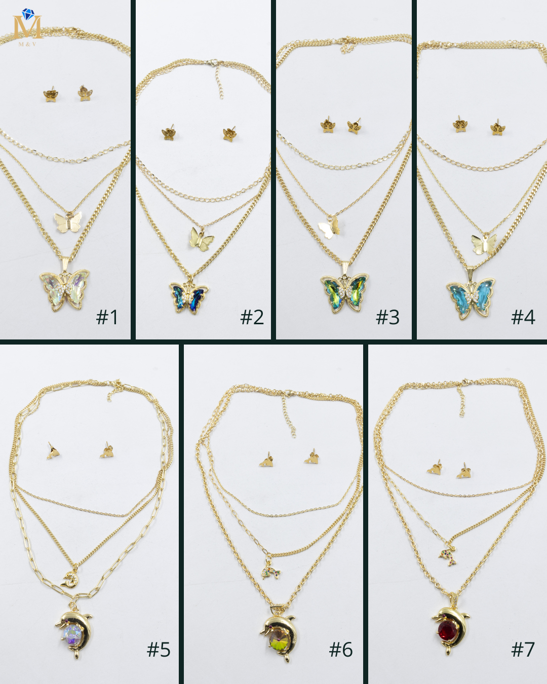 Conjuntos de la Caja 01 cadena triple y aretes de mariposa M2 Acero Inoxidable