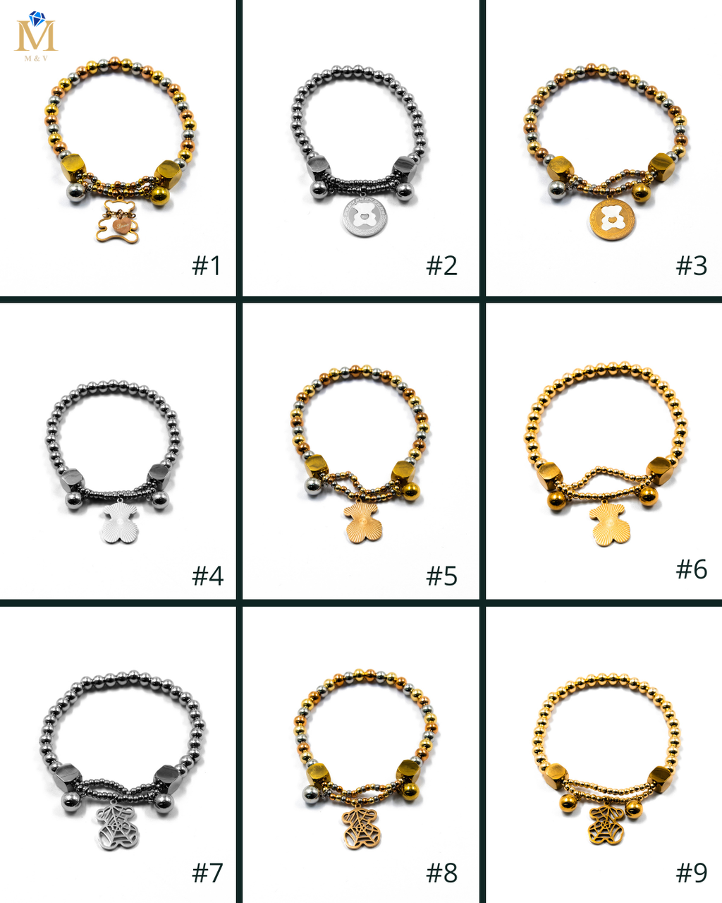 Pulsera de cuentas con dije de Oso - M2 Oro Laminado