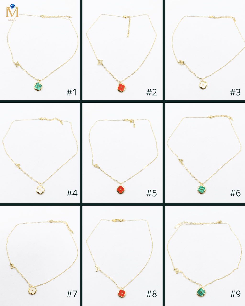 Collares Dorados con dijes de letra N,P,R y dije de Trebol M5 Oro Laminado