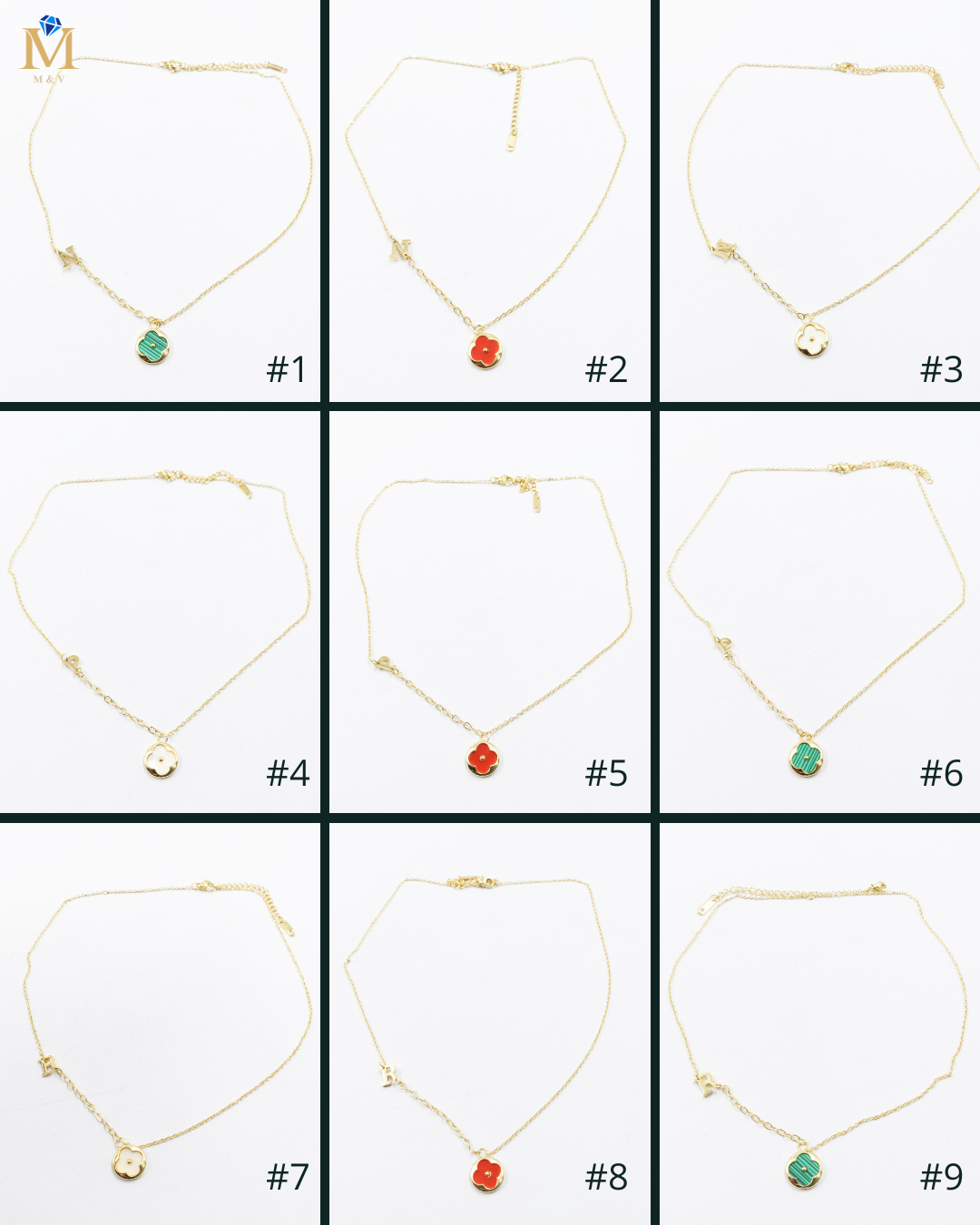 Collares Dorados con dijes de letra N,P,R y dije de Trebol M5 Oro Laminado