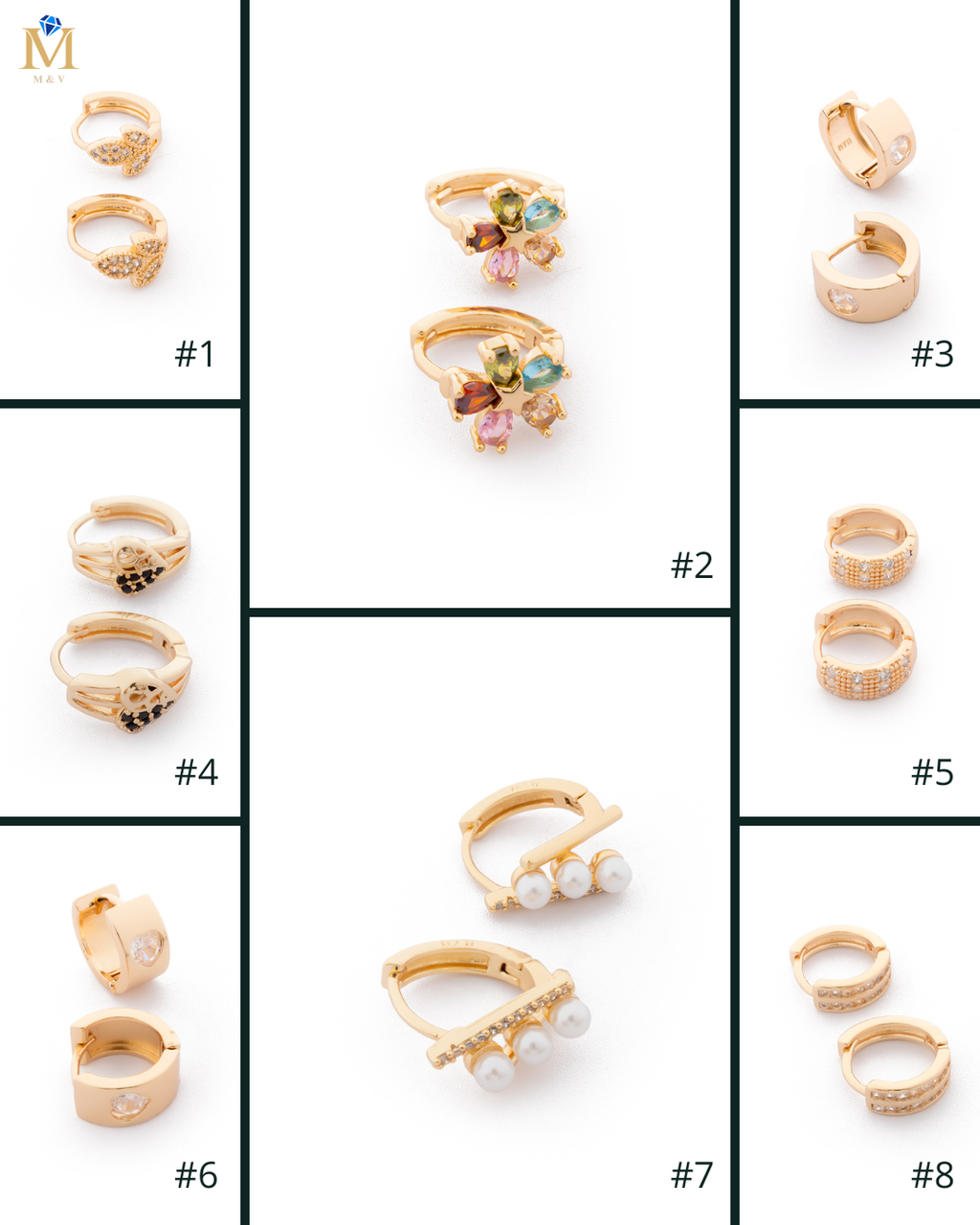 Aretes Huggies Dorados con Piedras M2 Oro Laminado