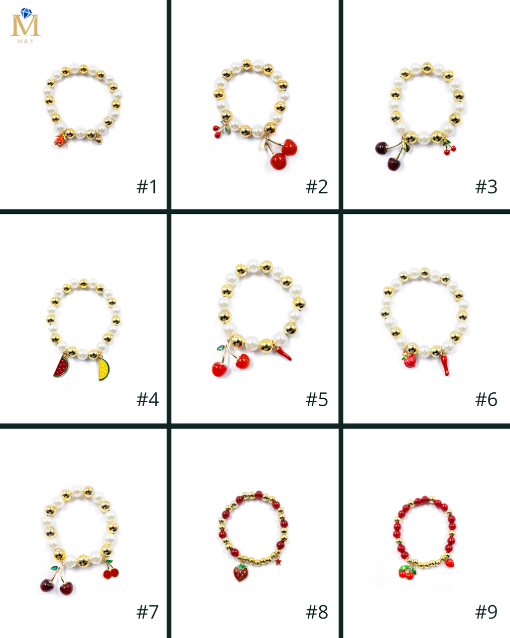 PULSERA DE PERLAS CON DIJE DE FRUTAS - M4 ORO LAMINADO