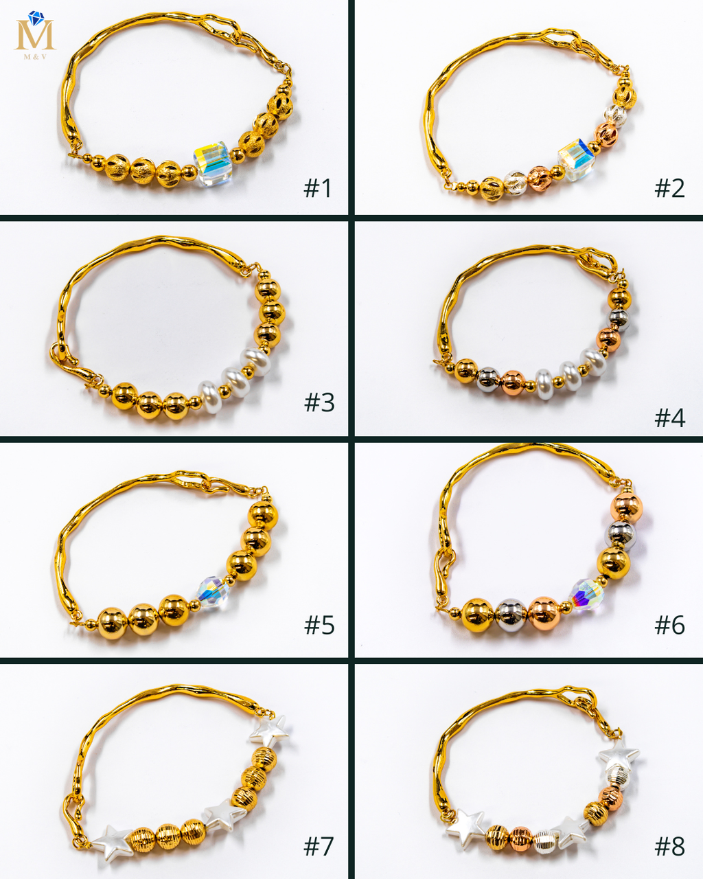 Pulsera rigida con cuentas y dije - M1 Oro Laminado