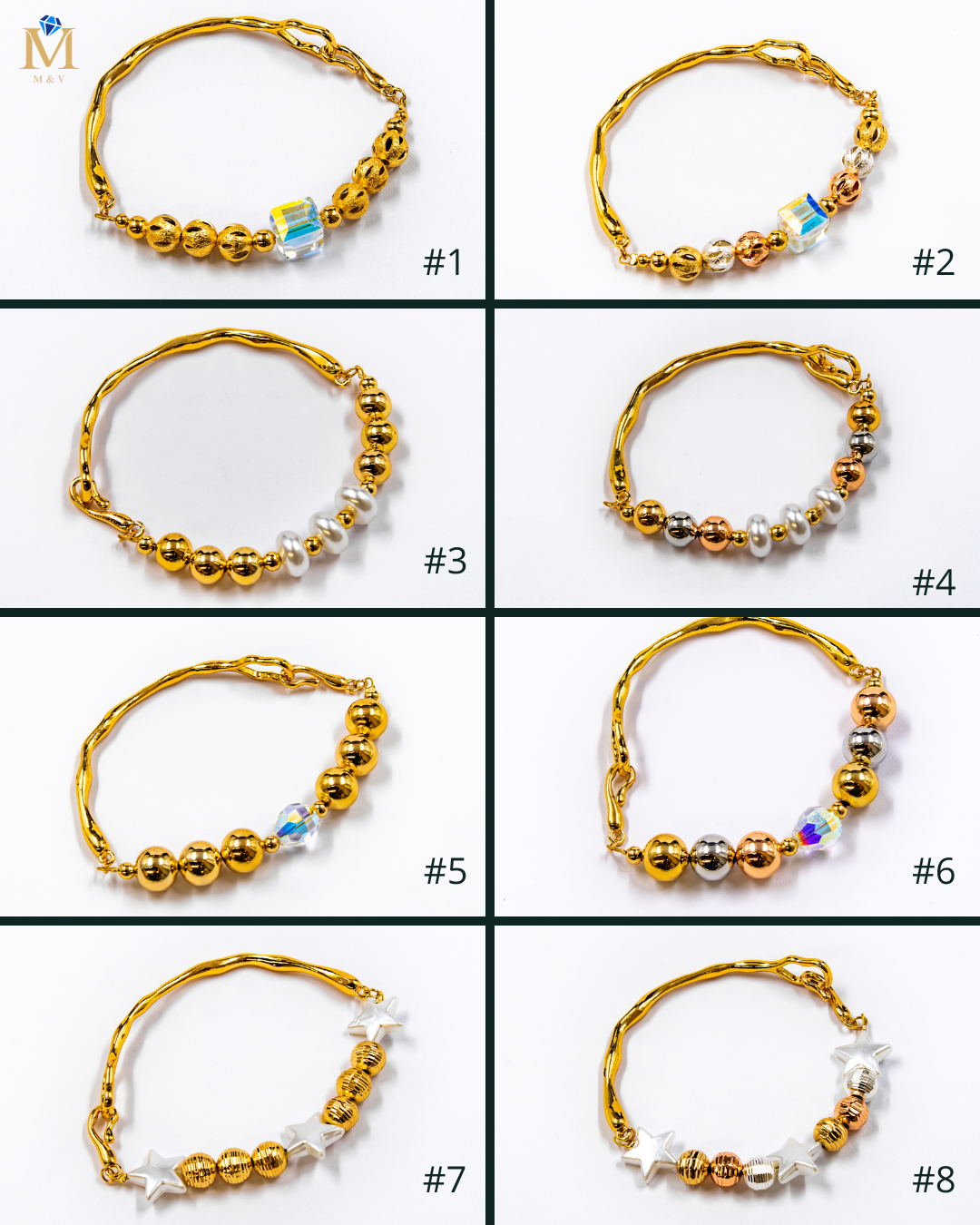 Pulsera rigida con cuentas y dije - M1 Oro Laminado