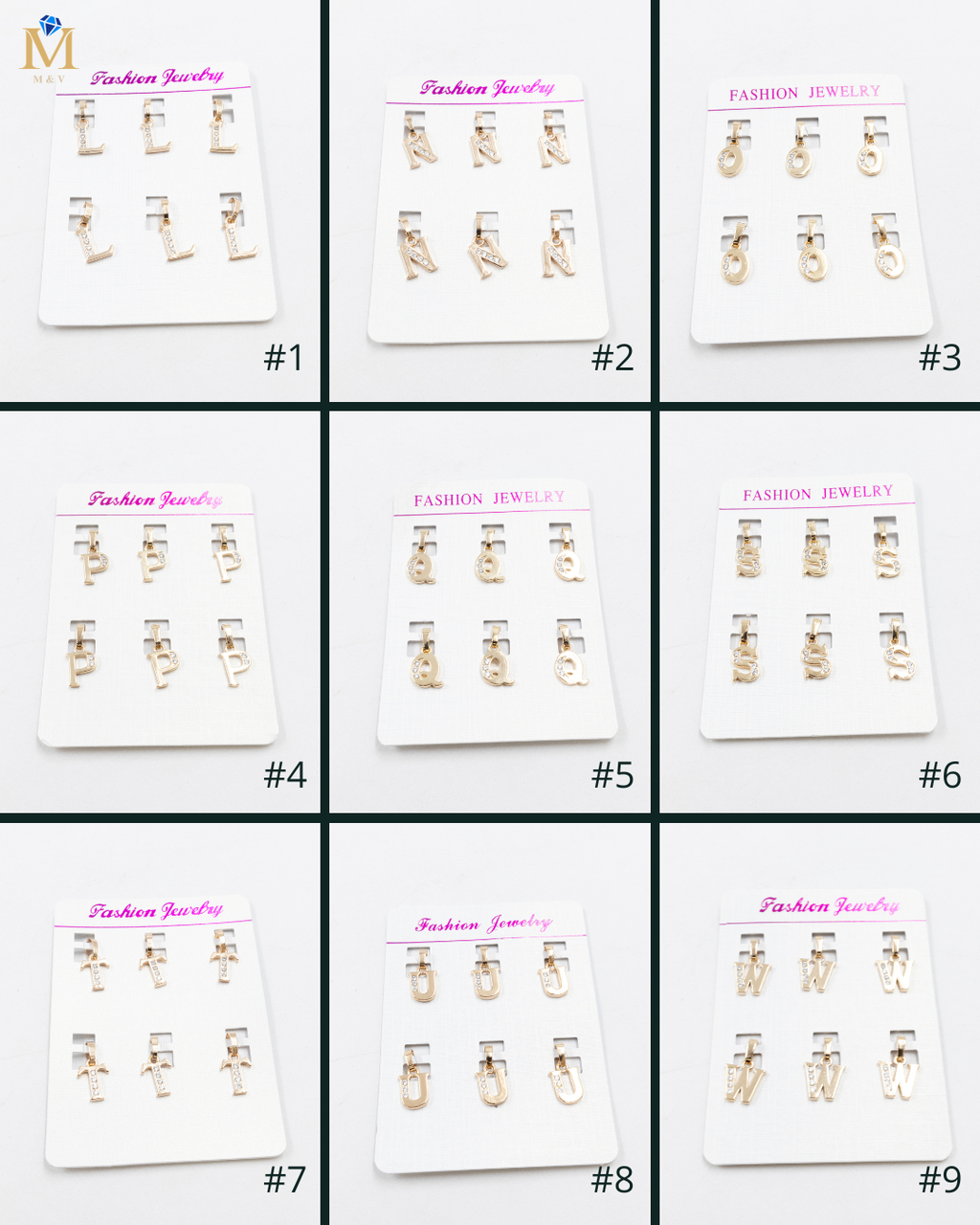 Paquete de 6 Dijes de Letras M2 Oro Laminado