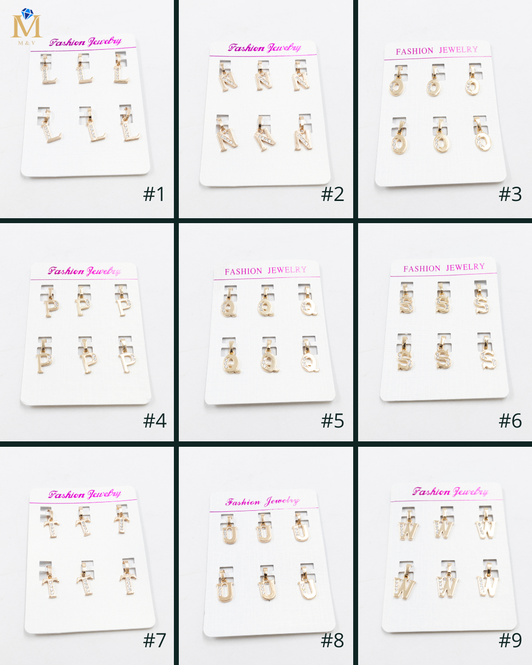 Paquete de 6 Dijes de Letras M2 Oro Laminado