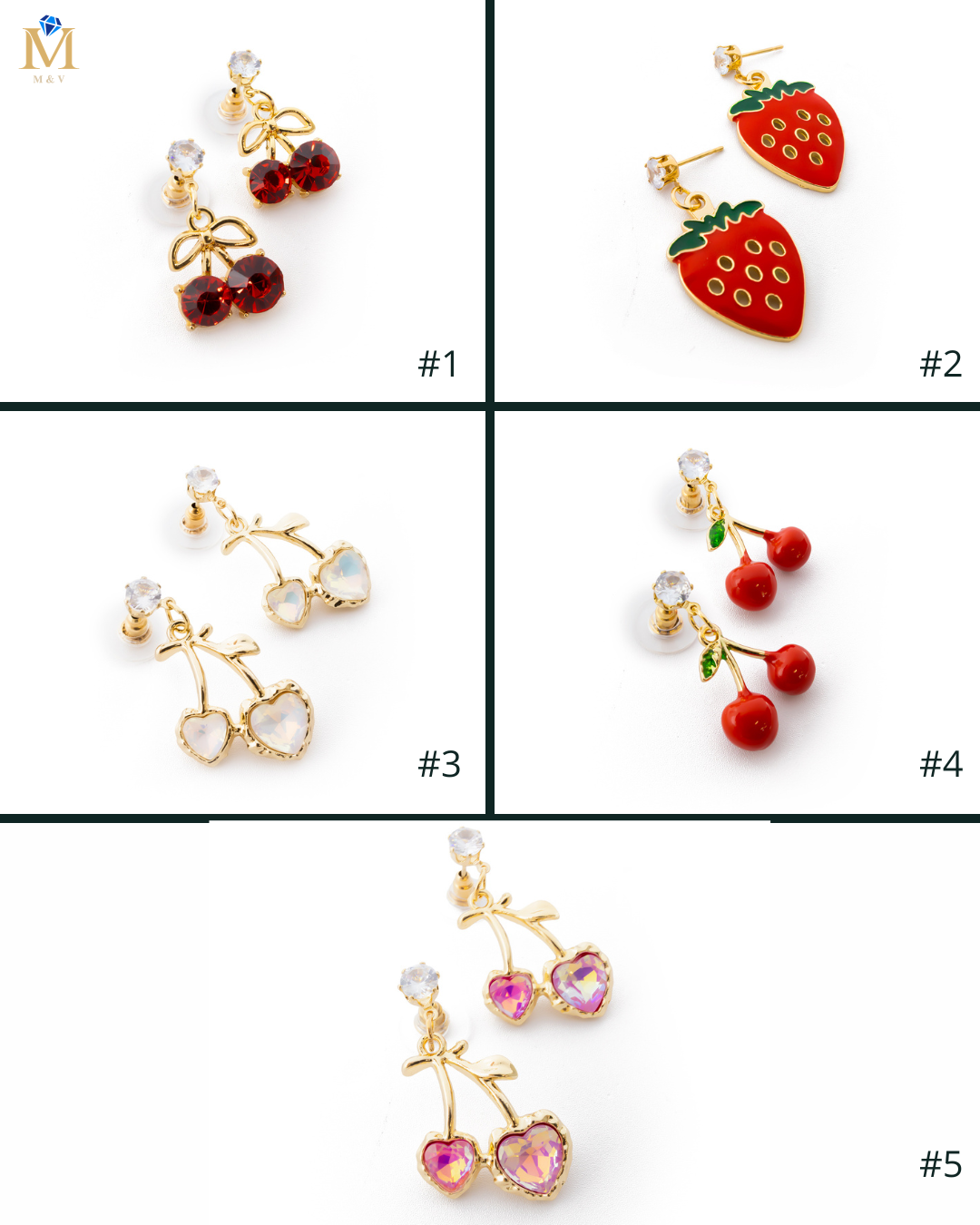 Aretes Dorados de Fresa y Cereza M2 Oro Laminado