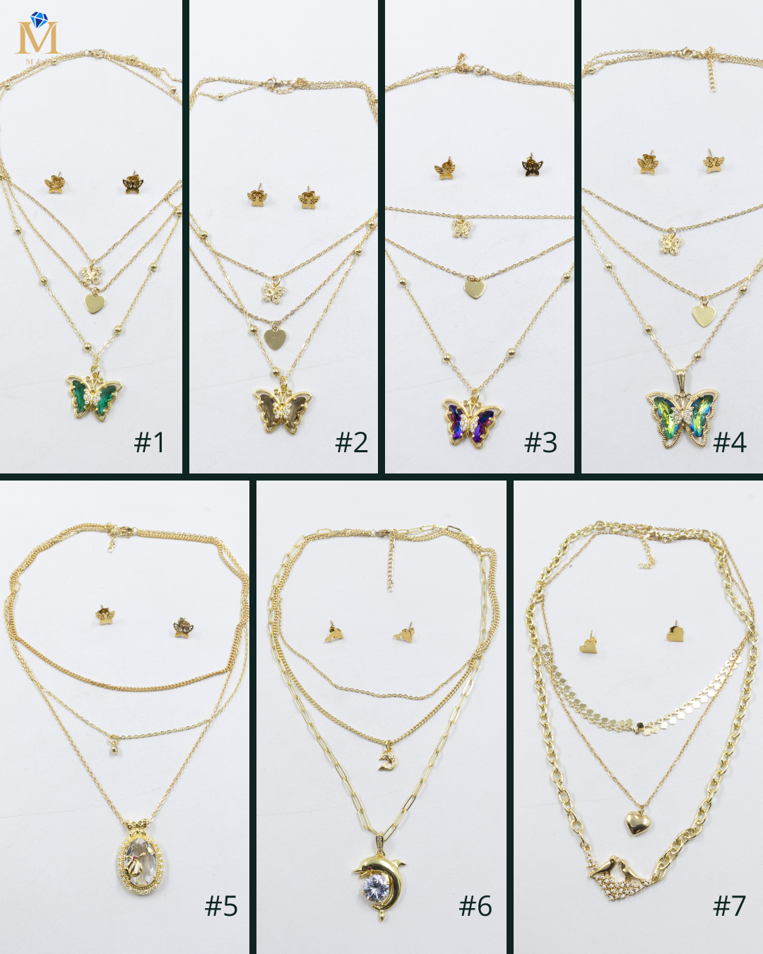 Conjuntos de la Caja 01 cadena triple y aretes de mariposa M1 Acero Inoxidable