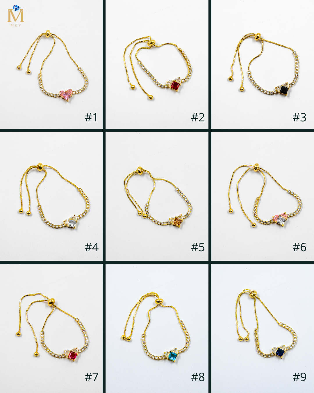 Pulsera dorada con piedras y dije de corazón - M2 Oro Laminado