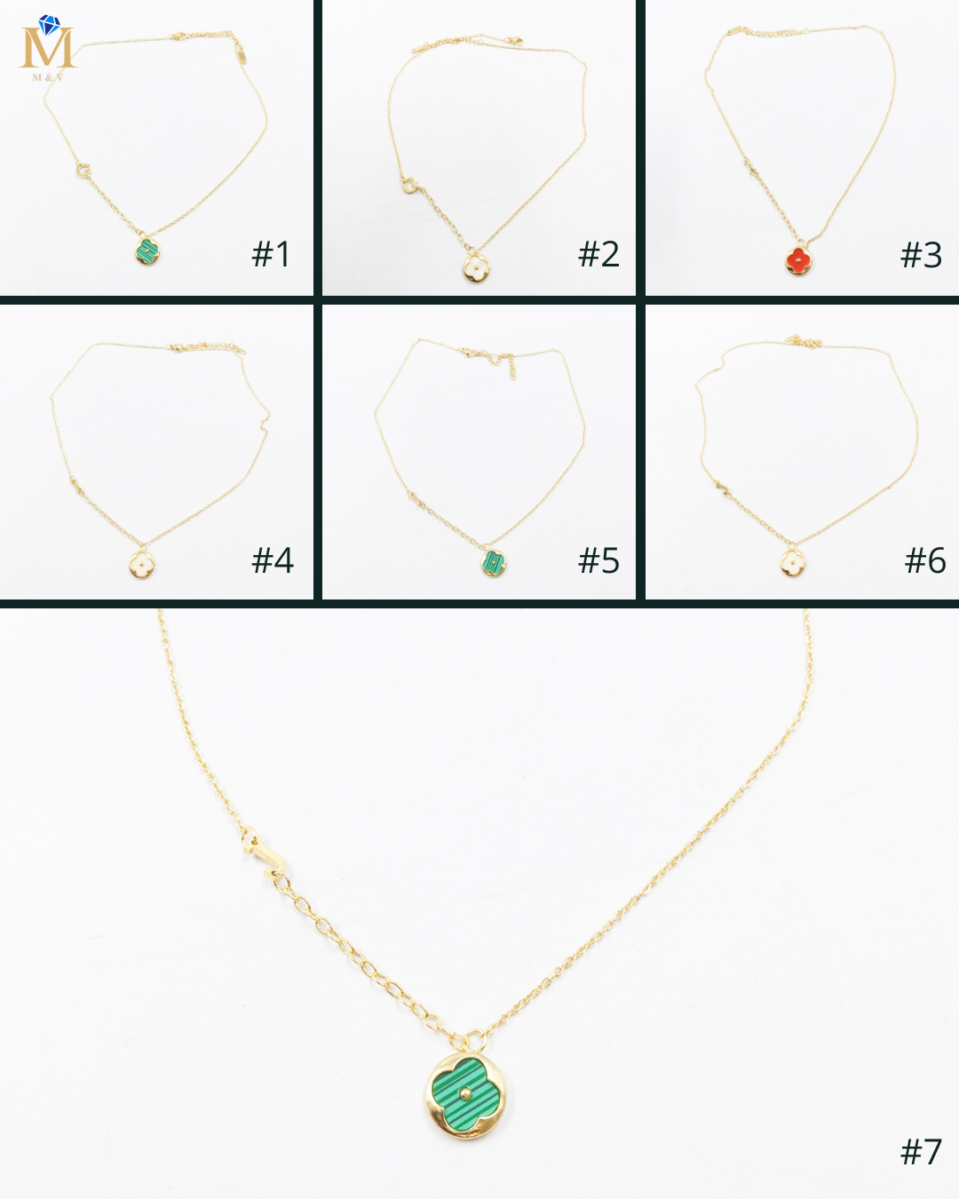 Collares Dorados con dijes de letra G,I,J y dije de Trebol M3 Oro Laminado