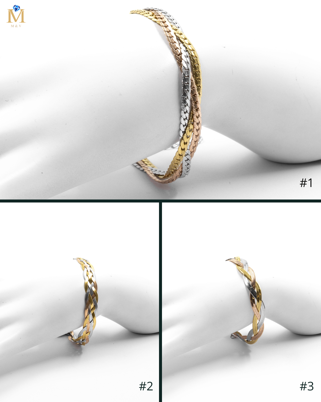 Pulsera Trenzada de Tres colores Oro Laminado