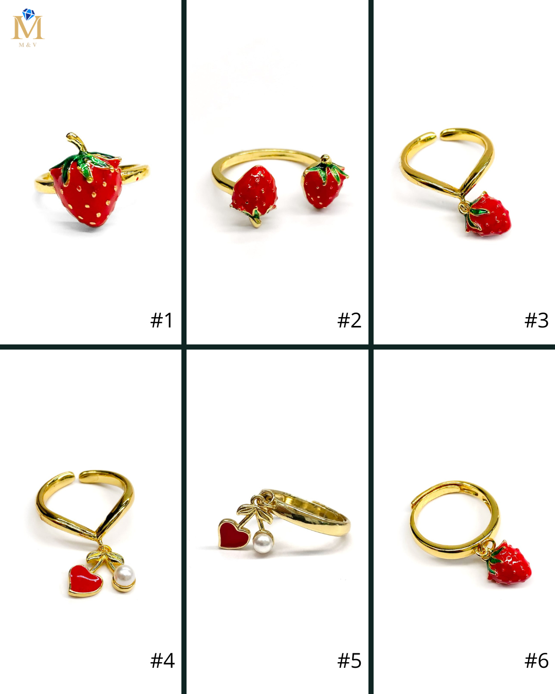 Anillo Fresas y Cerezas Ajustable M4 Oro Laminado