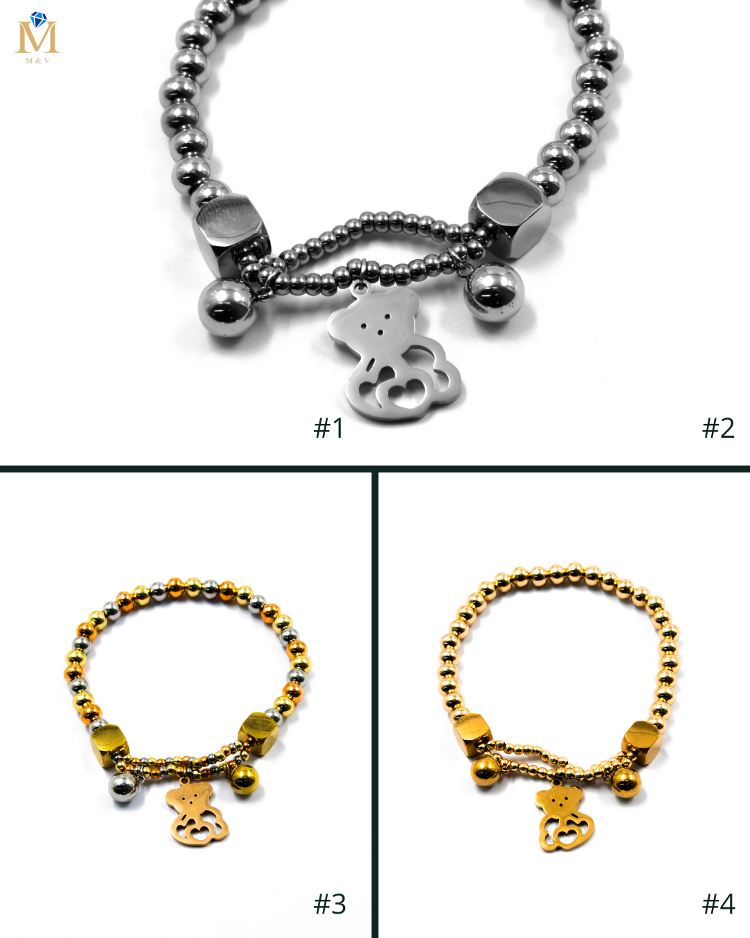Pulsera de cuentas con dije de Oso - M3 Oro Laminado