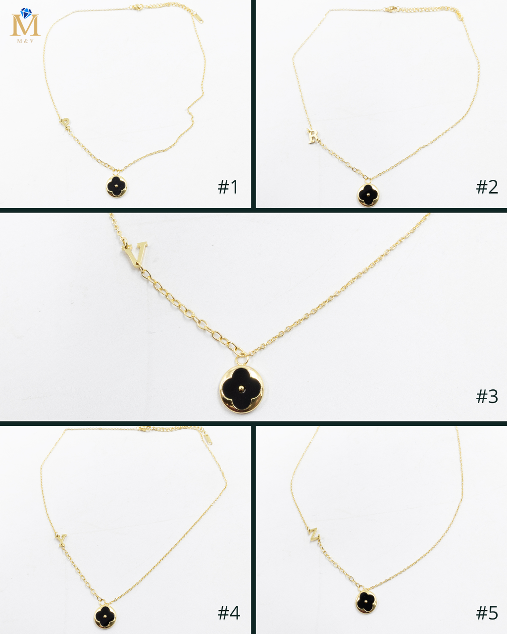 Collares Dorados con dijes de letra P, R,V y dije de Trebol Negro M8 Oro Laminado