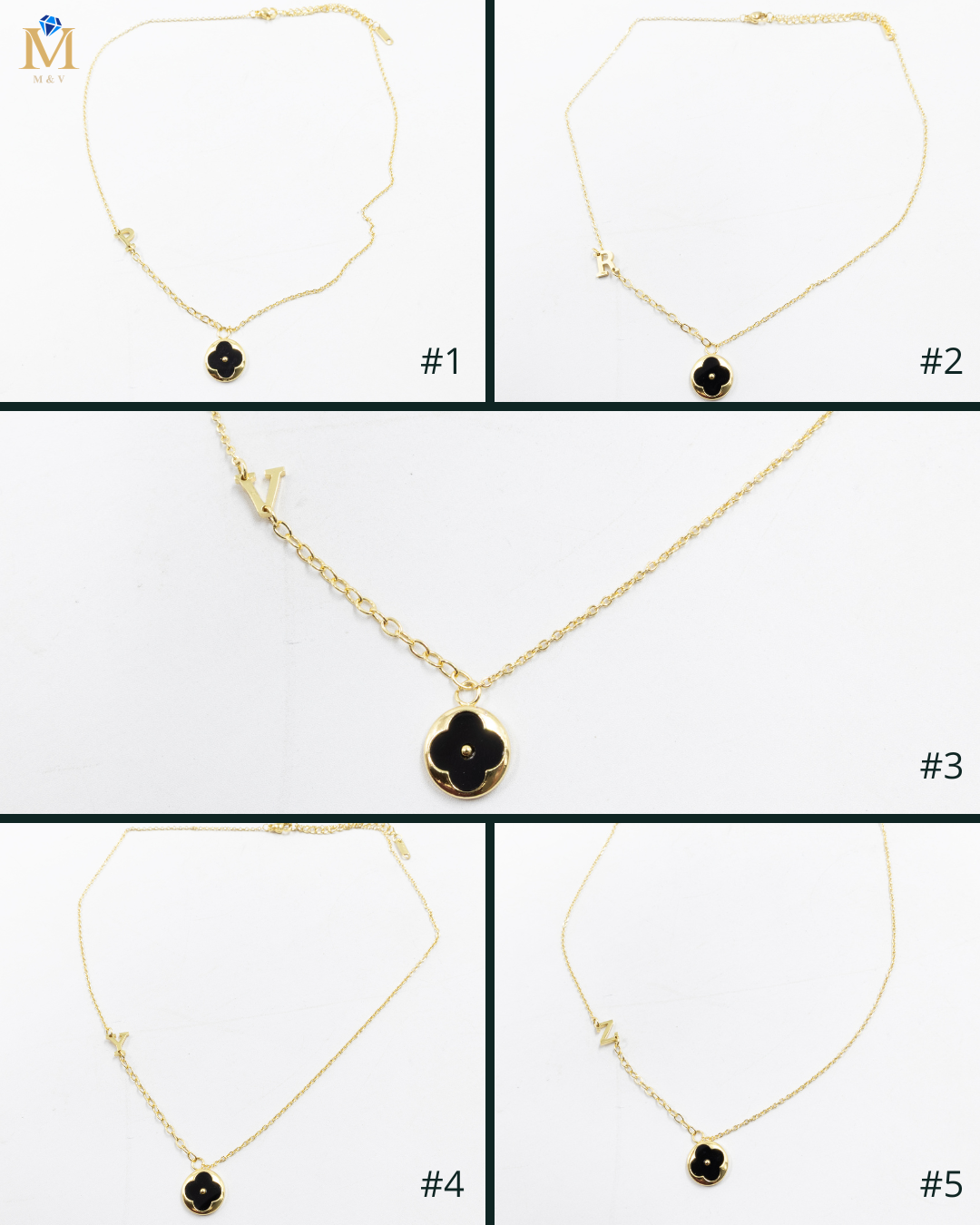 Collares Dorados con dijes de letra P, R,V y dije de Trebol Negro M8 Oro Laminado