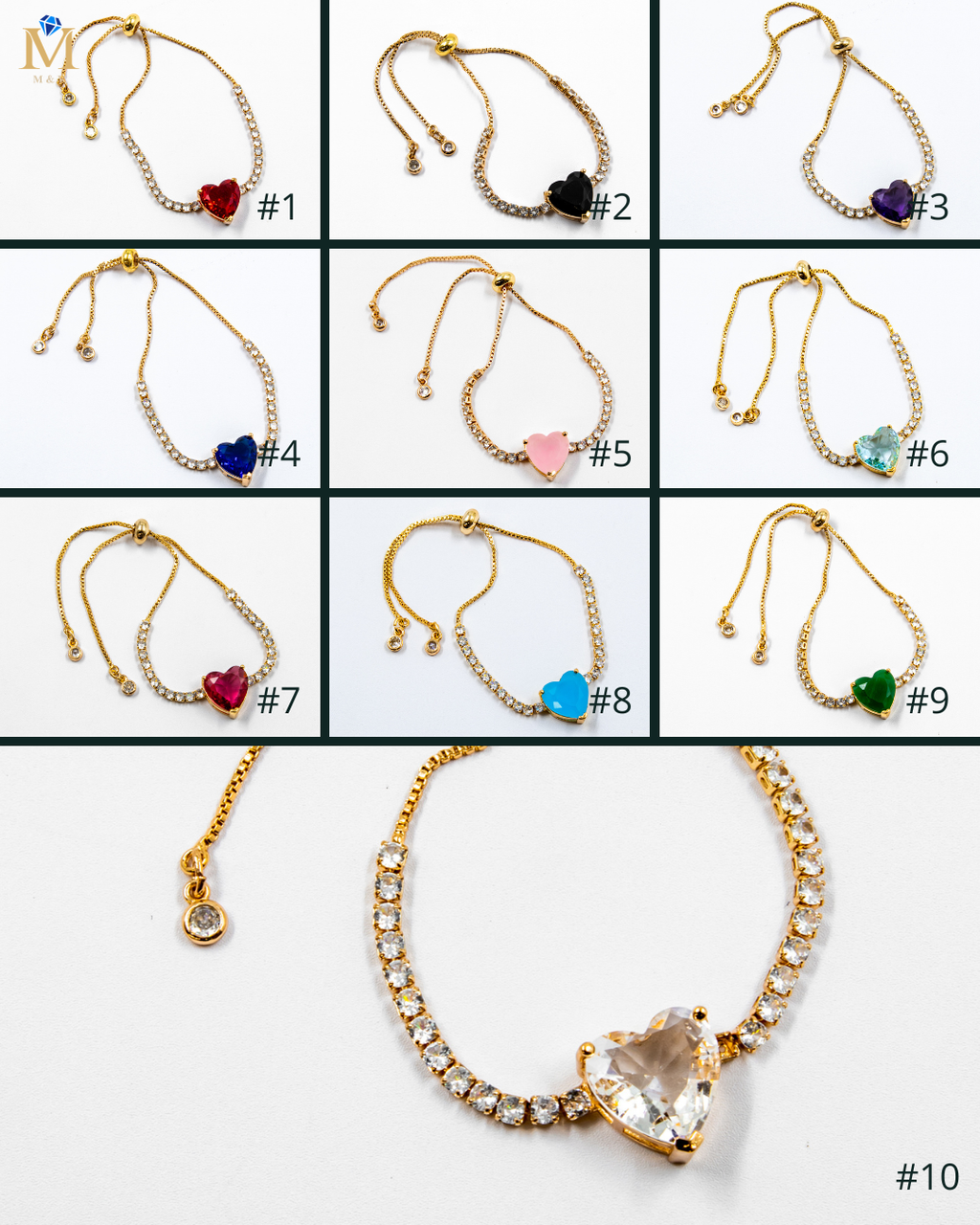 Pulsera dorada con piedras y dije de corazón - M1 Oro Laminado