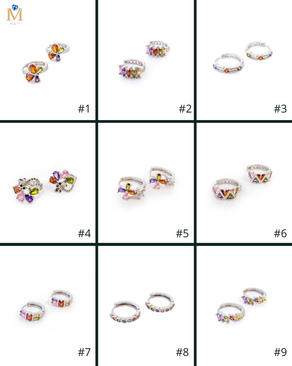 Aretes Plateados Huggies con Piedras Multicolor M7 Oro Laminado