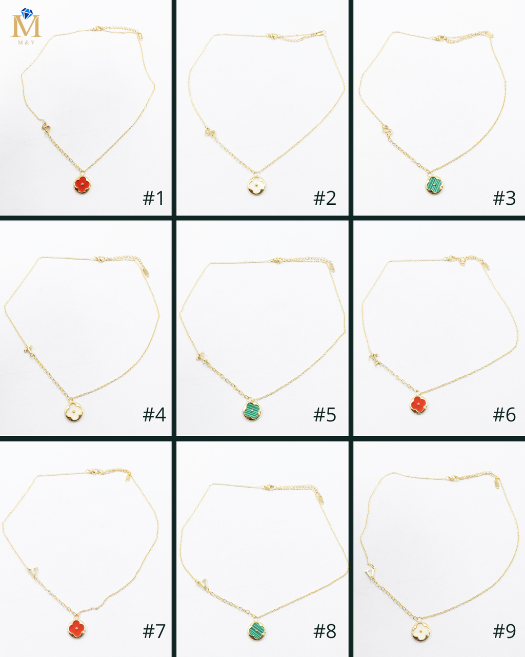 Collares Dorados con dijes de letra S,T,V y dije de Trebol M6 Oro Laminado