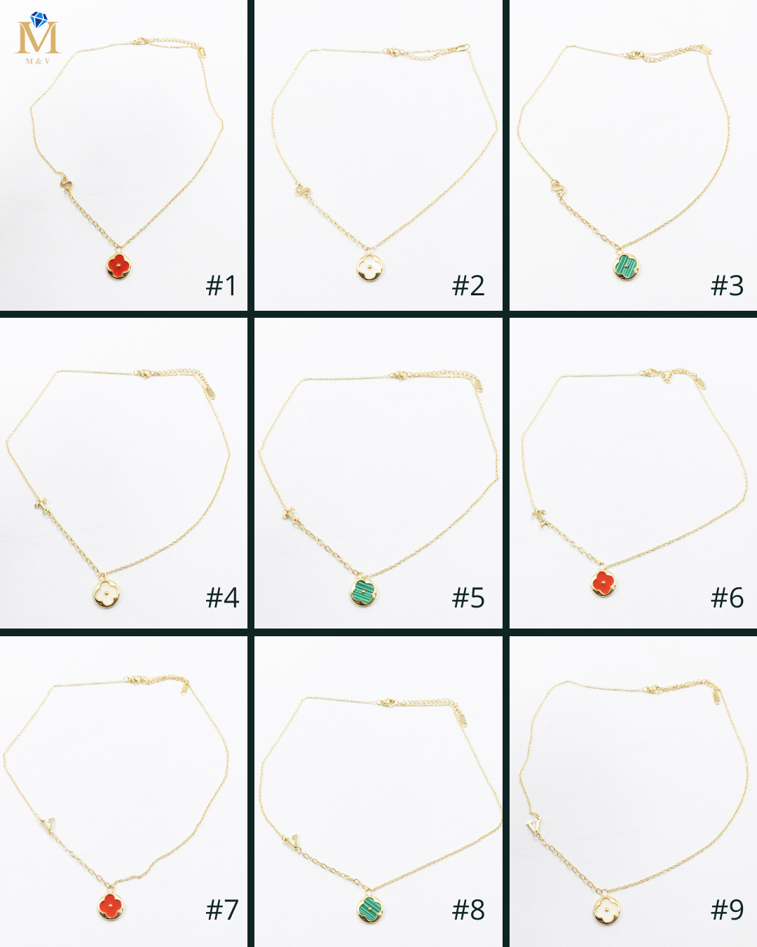 Collares Dorados con dijes de letra S,T,V y dije de Trebol M6 Oro Laminado