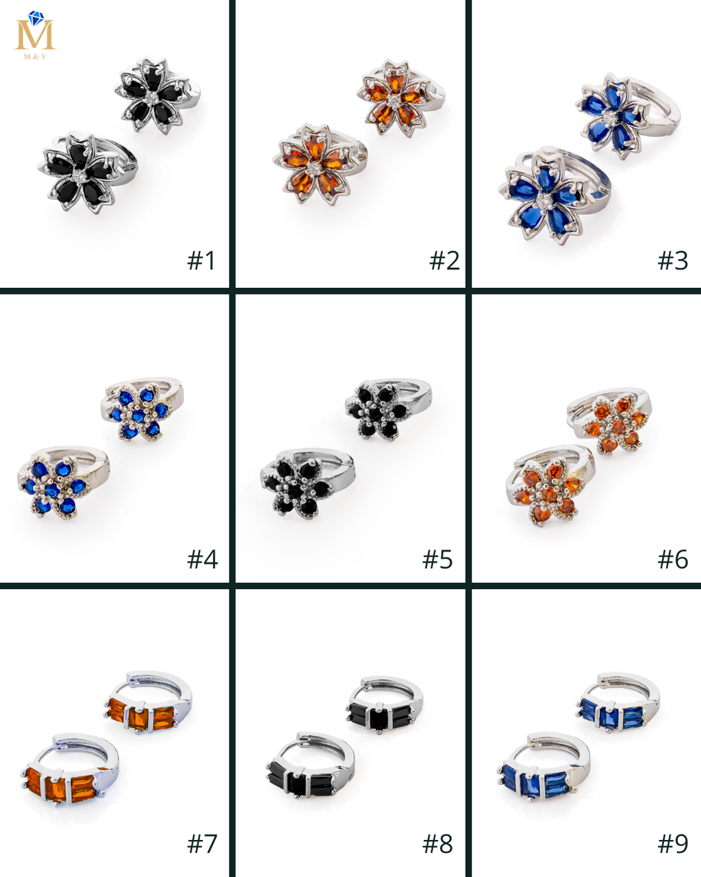 Aretes Plateados Huggies con Piedras Diferentes Colores M15 Oro Laminado